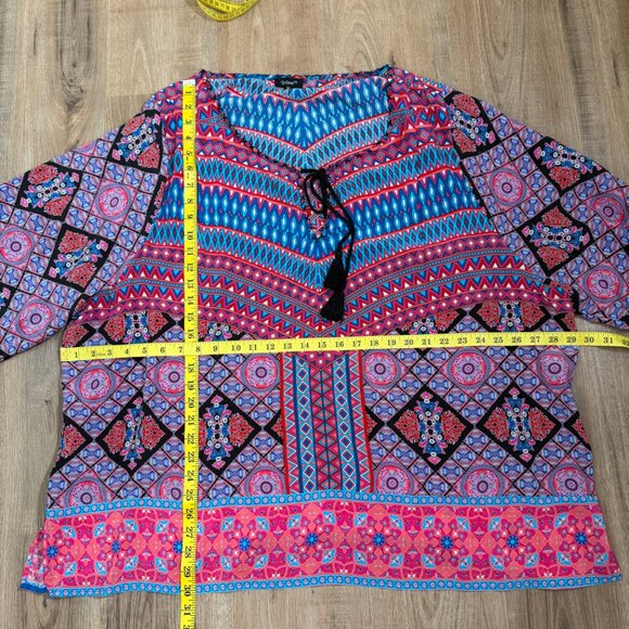 Tolani 100% Silk Geometric Print Blouse Tunic Red Blue Boho 3X - Picture 7 of 8